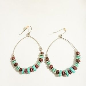 Turquoise and wood beaded Hoop earrings.